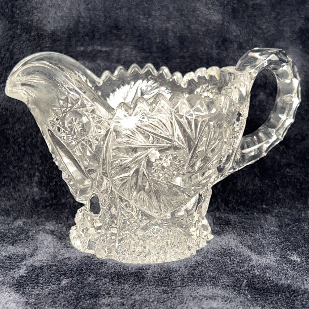 Antique ABP Cut Glass Creamer Pitcher Hobstar Pinwheel Crystal Sawtooth Edge